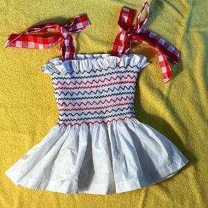 Stitchy Fish Smocked Peplum Top Toddler Girls 24M White Red‎ Blue Gingham Ties